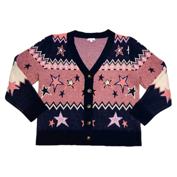 Johnny Was Shana Star Wool Cardigan Sweater Size XL Pink Blue Stars Sparkly NWOT - Picture 5 of 16